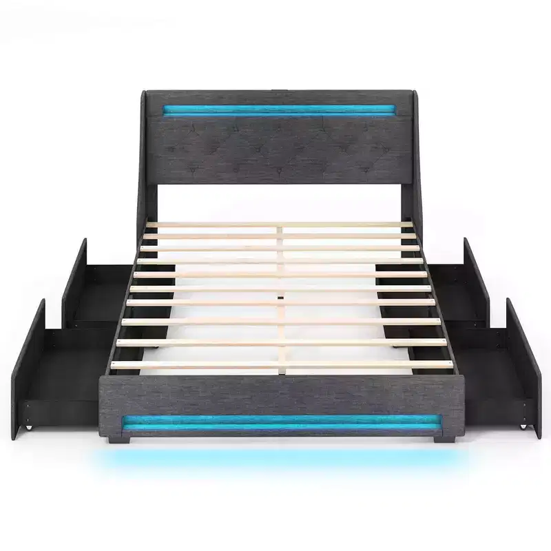 Costway Full/Queen Size Bed Frame with LED Lights & Charging Station Upholstered Platform Bed