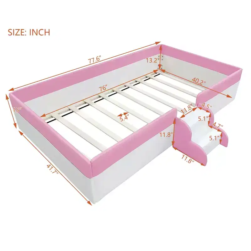 Twin Size Upholstered Daybed Frame with Fence and Stairs for Kids Room, Pink+White