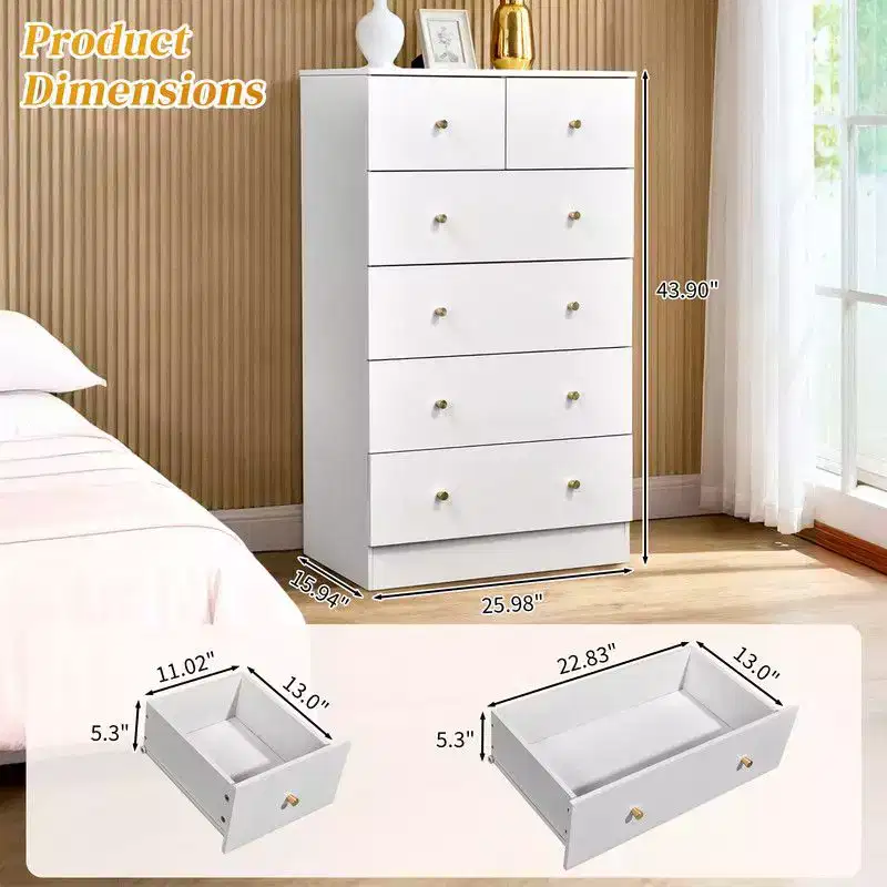 Karl Home 6-Drawer Large Dresser for Bedroom and Chest of Drawers with Sturdy Construction Wood Storage Organizer for Closet In white