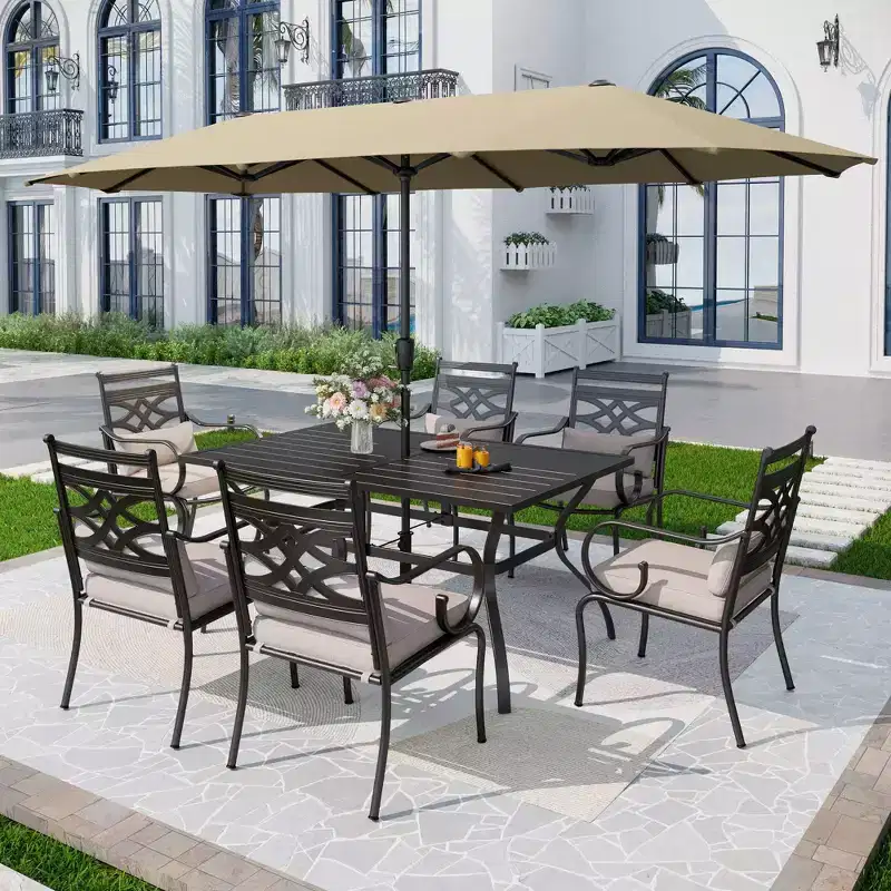 7pc Outdoor Dining Set with Chairs with Seat & Back Cushions & Metal Table with Umbrella Hole