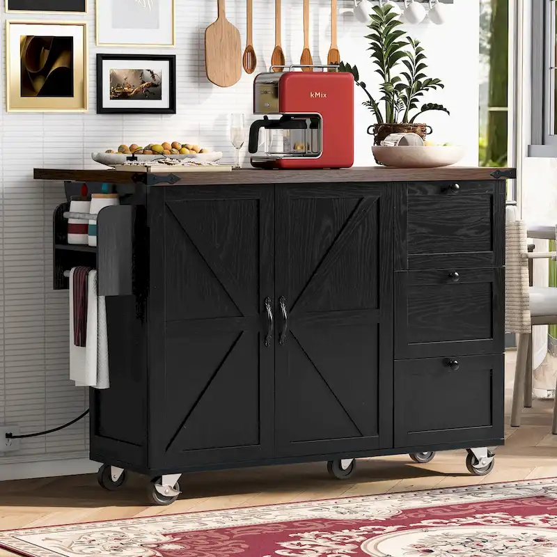 Farmhouse Kitchen Island with Power Outlet and Rolling Cart
