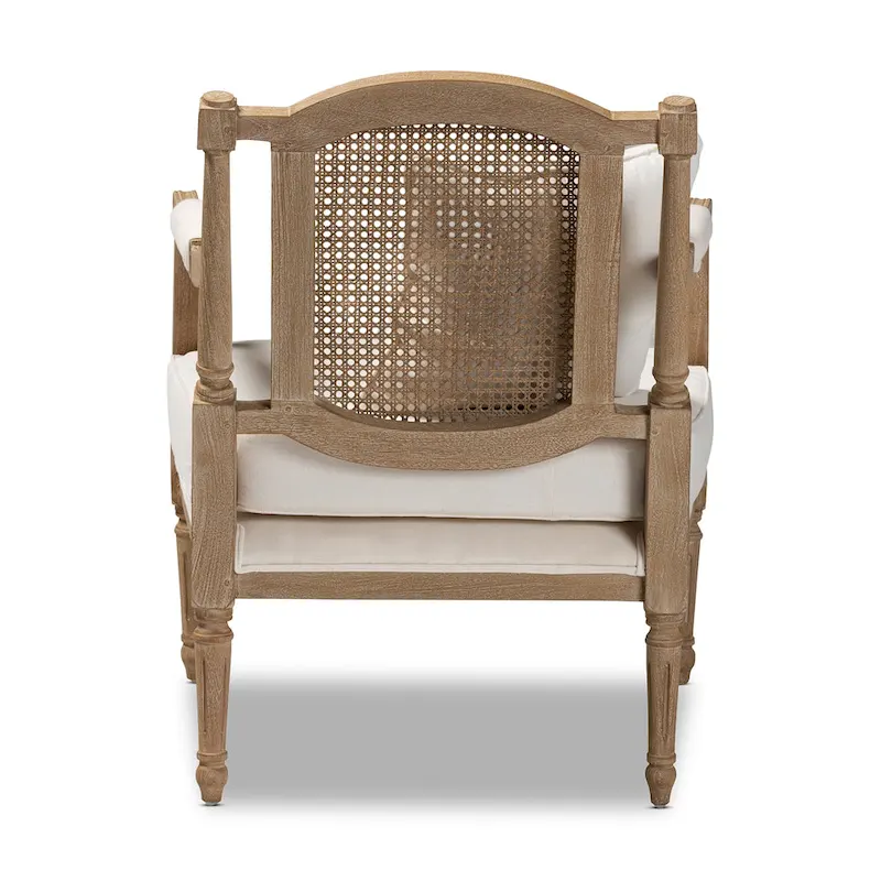 Ivory French Provincial Armchair, Single Seat, Carved Mahogany & Rattan