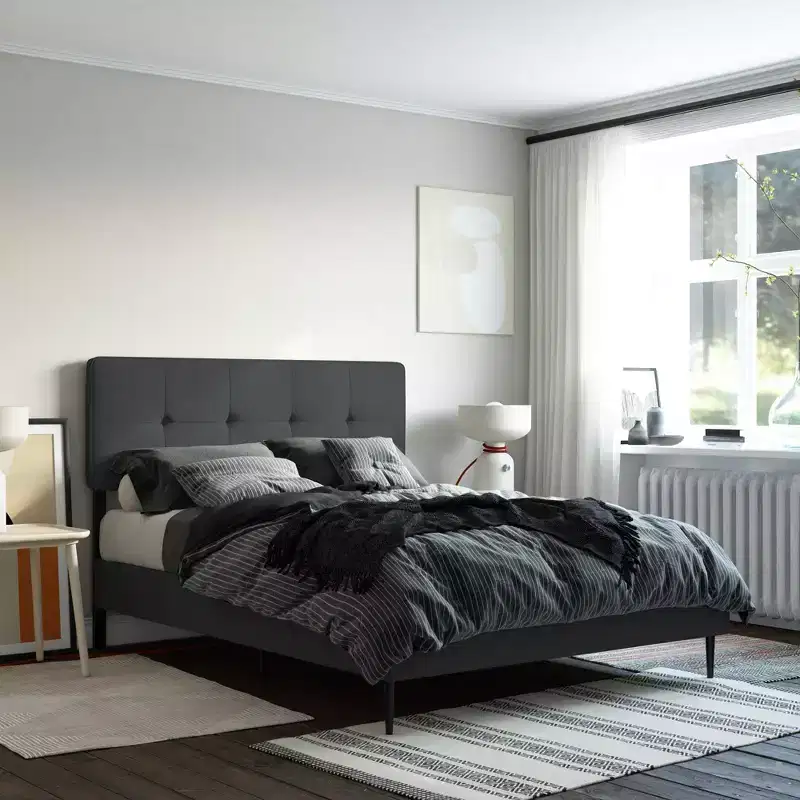Linen Upholstered Platform Bed with Adjustable Headboard