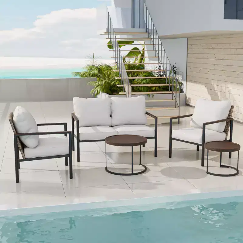 EAGLE PEAK Sunset Dune 6 Piece Collection Modern Outdoor Furniture Set, Patio Wicker Lounge Wood Grain