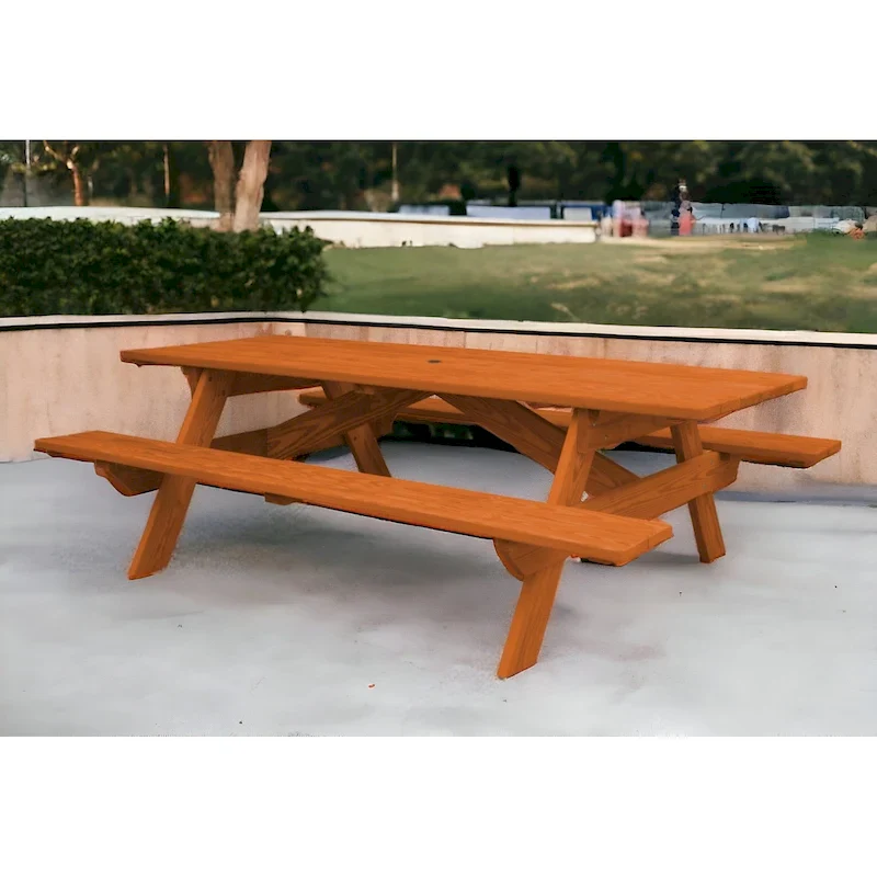 HomeRoots 94 Redwood Solid Wood Outdoor Picnic Table with Umbrella Hole
