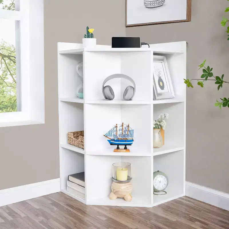 Corner Storage Shelf 9-Cube Organizer Cabinet With USB Ports, Outlets, Ideal For Small Spaces