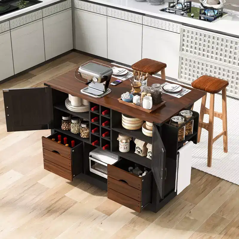 Kitchen Island with Drop Leaf and Power Outlet, 2 Doors & 2 Drawers, Kitchen Cart