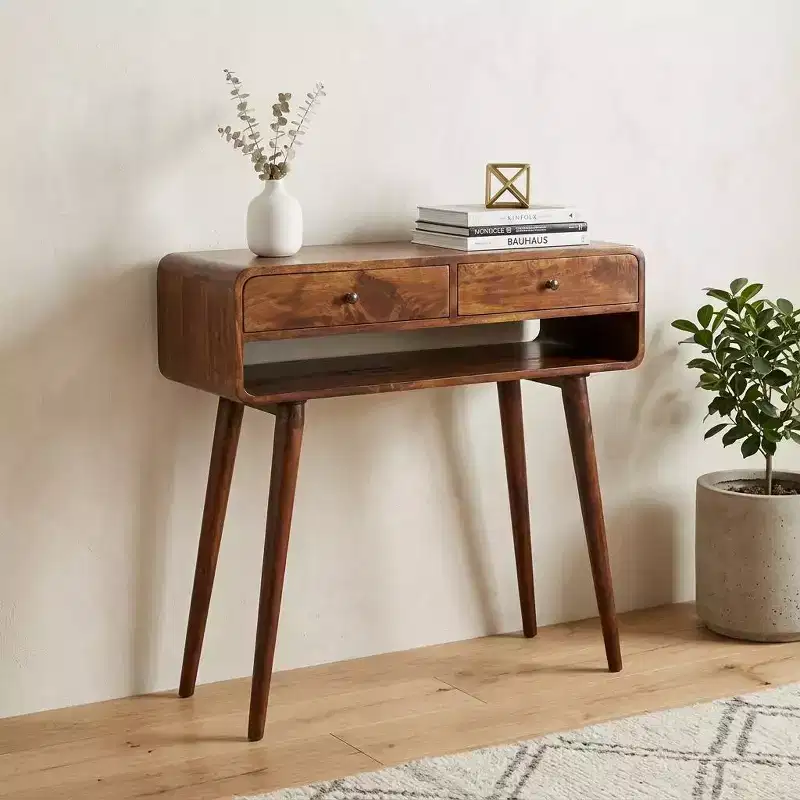 HomeRoots 35 Chestnut Solid Wood Console Table With Shelf And Two Drawers