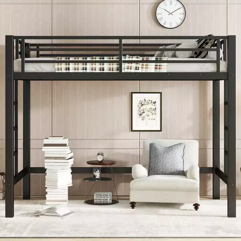 Metal Loft Bed, Space-Saving Loft Bed Frame with Dual Ladders & Guardrails, Black - ModernLuxe
