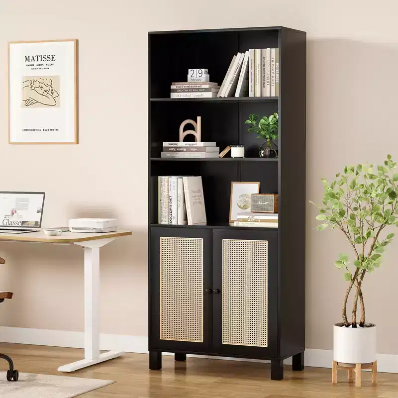 Tall 5-Tier Bookcase with Rattan Doors, Wood Storage Shelves for Library, Living Room, Bedroom, Home Office