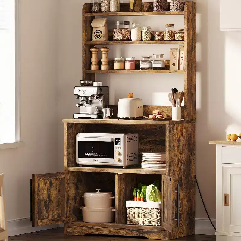 Bakers Rack with Storage Cabinet, Microwave Stand, Farmhouse Kitchen Bakers Rack with Thick Table Top, for Kitchen,Dining Room