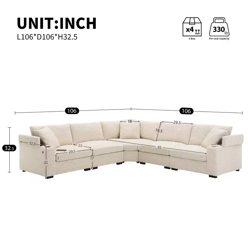 106 W 5-Seat Convertible L-Shaped Corduroy Sectional Sofa with USB Charger, Cup Holders, Storage Armrest, Modular Design