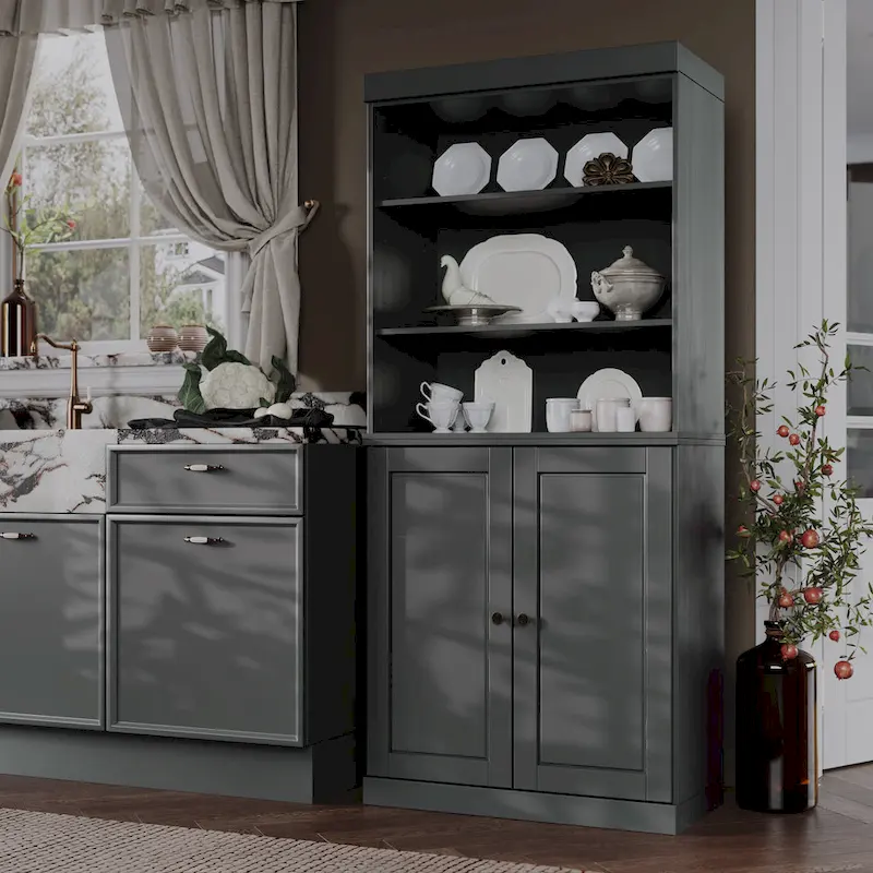 100% Solid Wood Kitchen Pantry Cabinet with 2 Clear Glass or Solid Wood Doors and 2-Drawer Organizer by