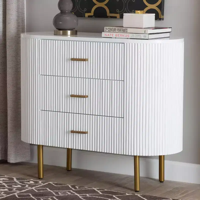 Fluted Wood and Metal 3 Drawer Dresser, White and Gold, Mid-Century Style
