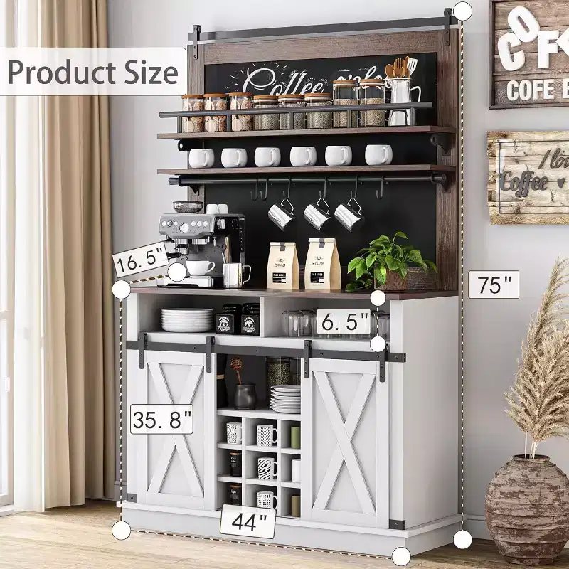75-Inch Tall Coffee Hutch Cabinet with Sliding Barn Doors, Large Farmhouse Kitchen Buffet Cabinet, Spacious Storage Sideboard for Dining Room