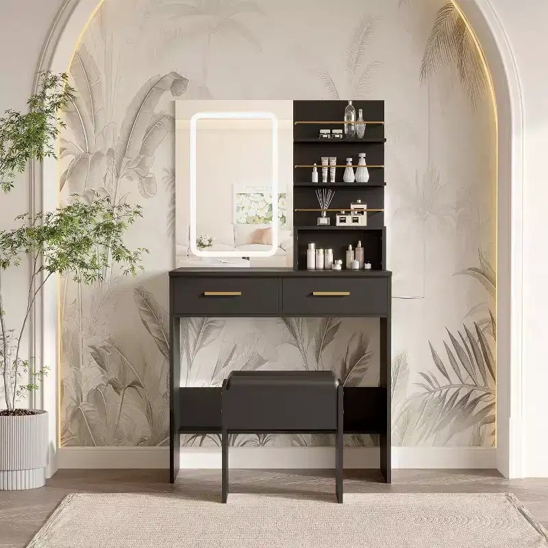 COZONY Vanity Desk with Mirror and Lights, Makeup Vanity Table with 2 Drawers, Open Storage Shelves Cabinet, Adjustable 3 Lighting Modes for Bedroom
