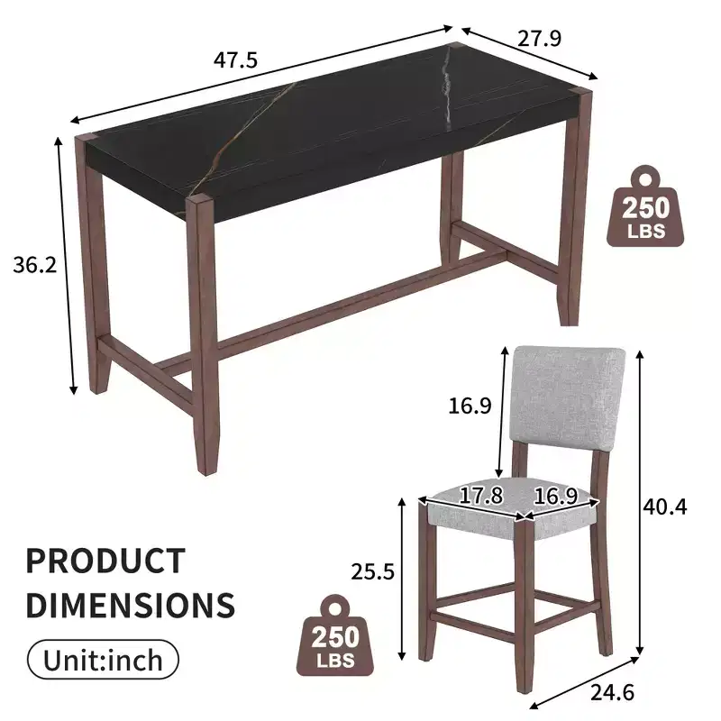 Bellemave 5-Piece Counter Height Dining Table Set, Faux Marble Bar Table and 4 Upholstered-Seat Chairs, for Dining Room, Pub Kitchen