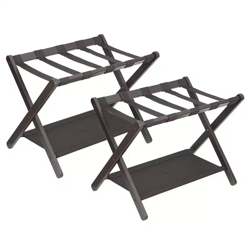 Folding Bamboo Luggage Rack 2 Pack with Storage Shelf, 2-Tier Suitcase Stand Holds up to 110 lbs for Bedroom & Hotel