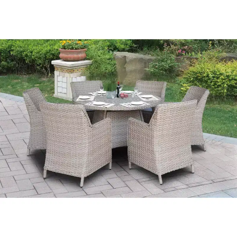 International Concepts 7pc Wicker Outdoor Patio Dining Set: Umbrella Hole, Aluminum Frame