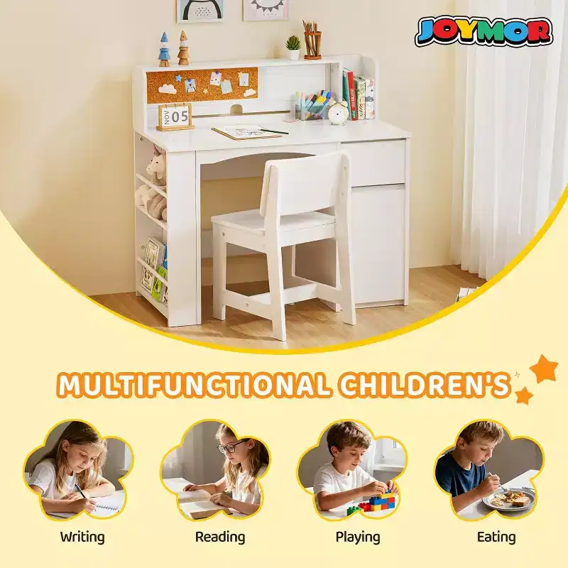 JOYMOR Kids Desk and Chair Sets with Bookshelf, Kids Study Desk with Storage Cabinet, Student Computer Table for 5-12 Years Old