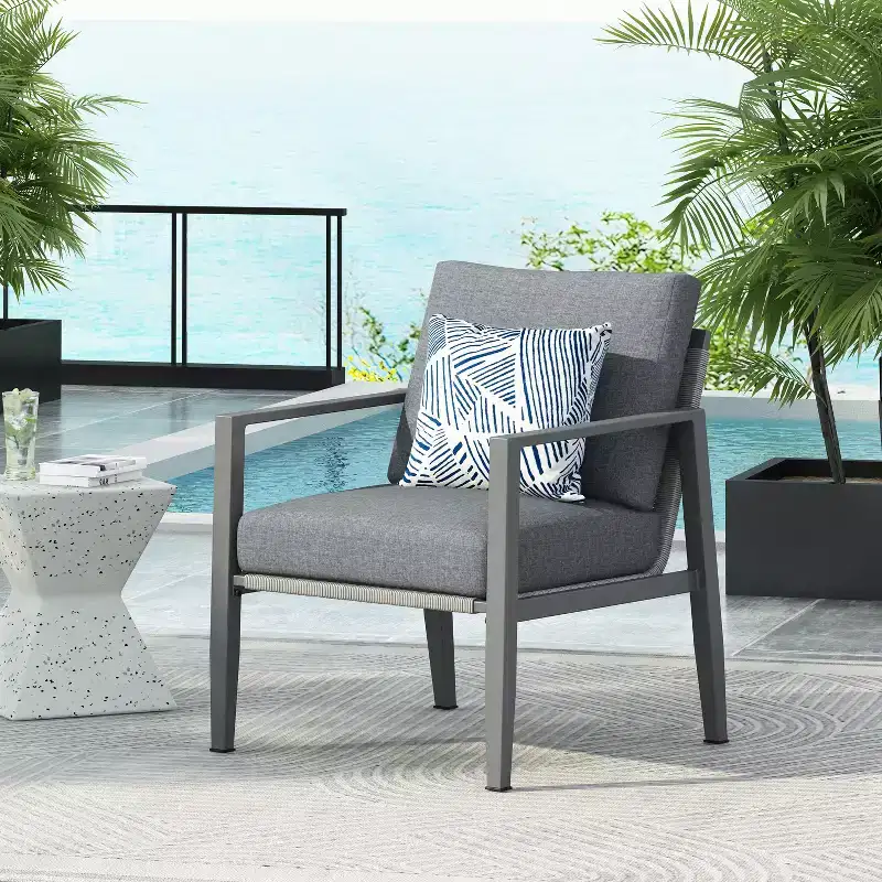 26W Patio Accent Chair Lounge Chair Arm Chair with Comfortable Cushions and Stylish Rope-Weave Design, Aluminum, Gray/Silver&White-ModernLuxe