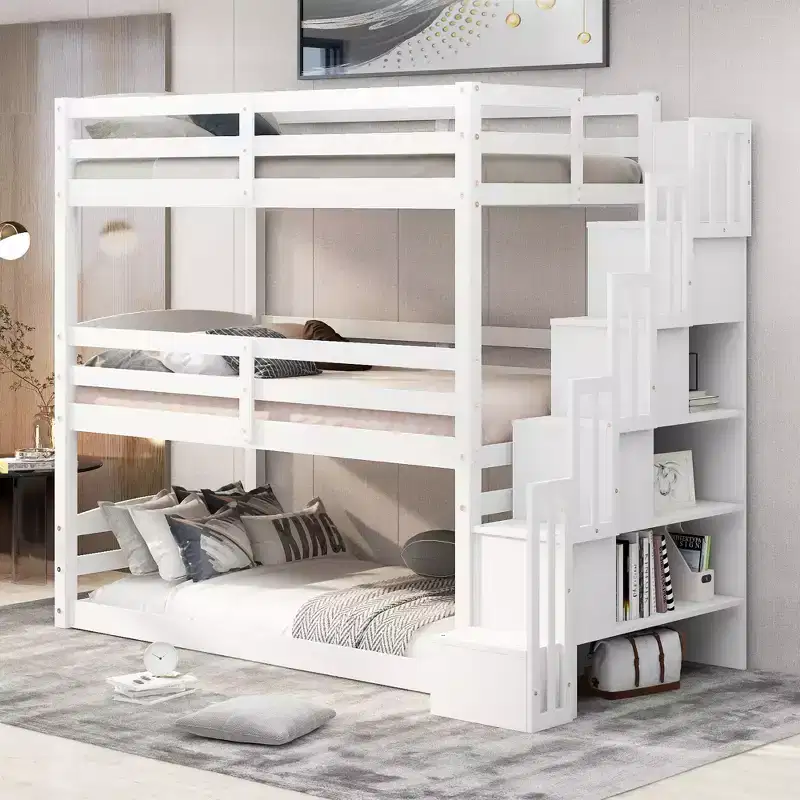 Twin Size Triple Bunk Bed with Storage Staircase, Separate Design