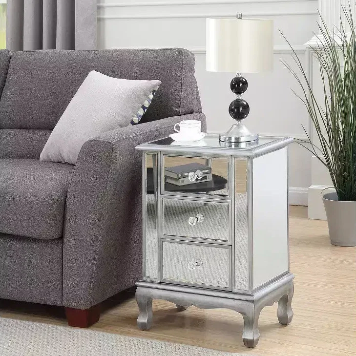 24.75 in.H Silver Rectangle Mirrored Glass End Table with 3 Drawers