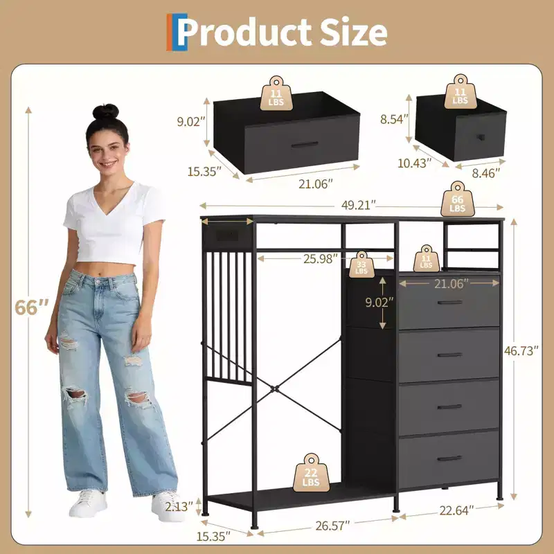 49.2 Dresser with Hanging Rack & Lights, 6-Drawer Storage Tower with Charging Station & Reversible Wood Top for Bedroom