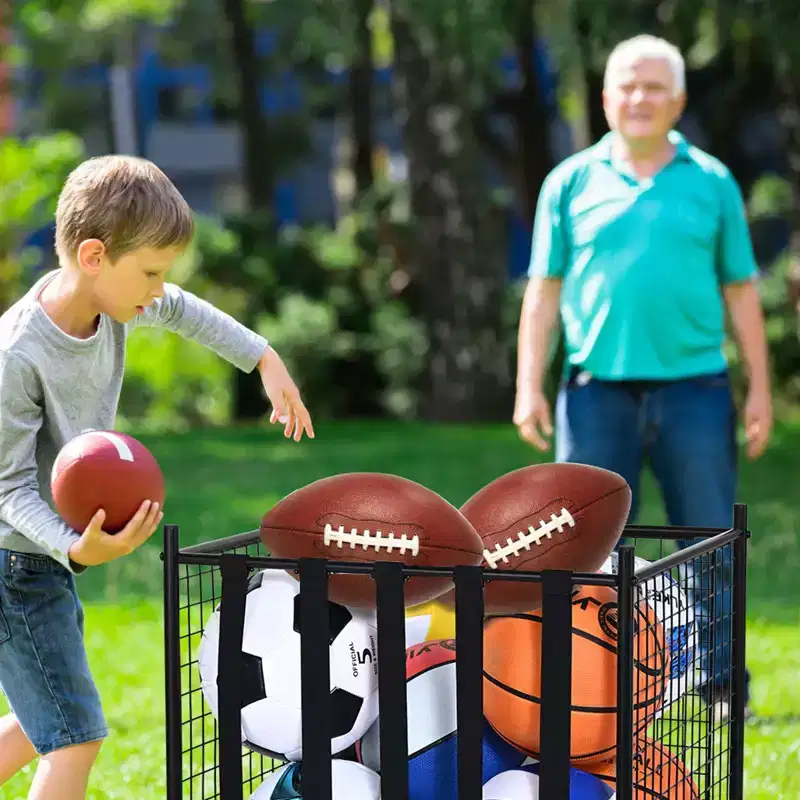 Rolling Sports Ball Storage Cart with Locking Wheels Steel Organizer for Gym Garage School
