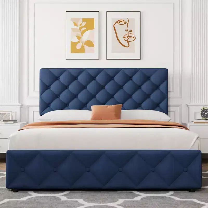 Whizmax Bed Frame with 4 Storage Drawers, Linen Upholstered Platform Bed Frame with Adjustable Headboard, Diamond Stitched Button Tufted, Blue