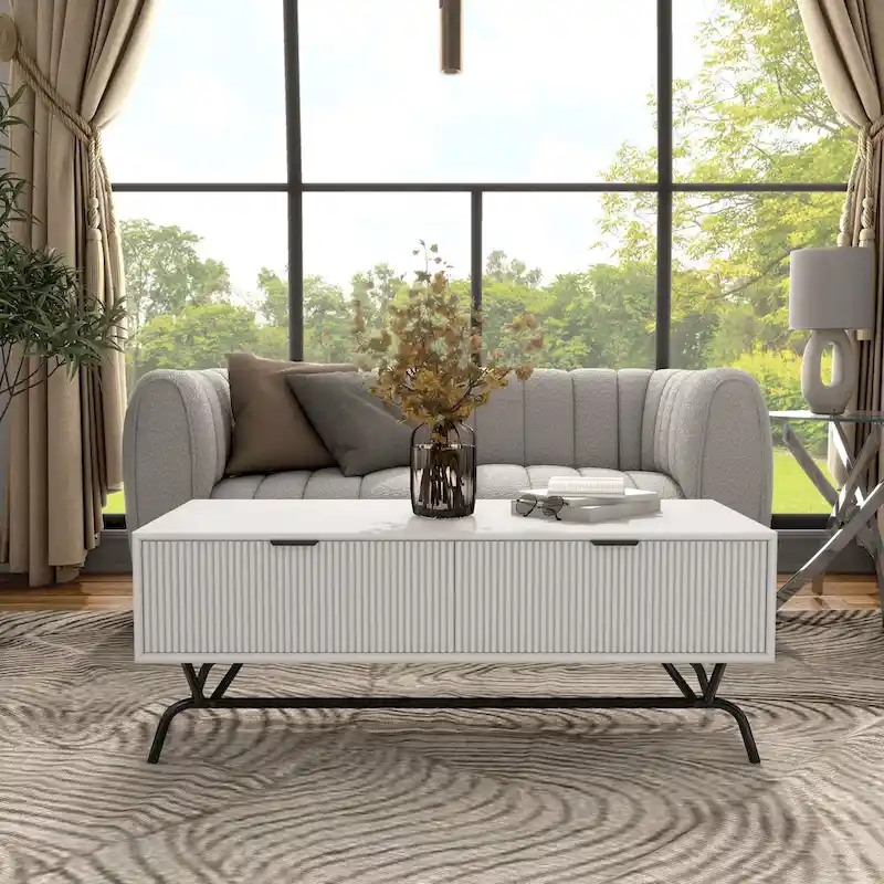 DH BASIC Modern 42-inch 2-Drawers Coffee Table with Metal Legs by Denhour