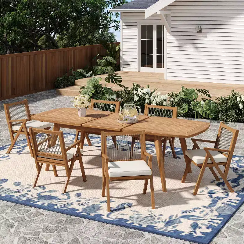Christopher Knight Home Reynard 7 Piece Expandable Outdoor Dining Set with Acacia Wood Table and Rope Back Chairs