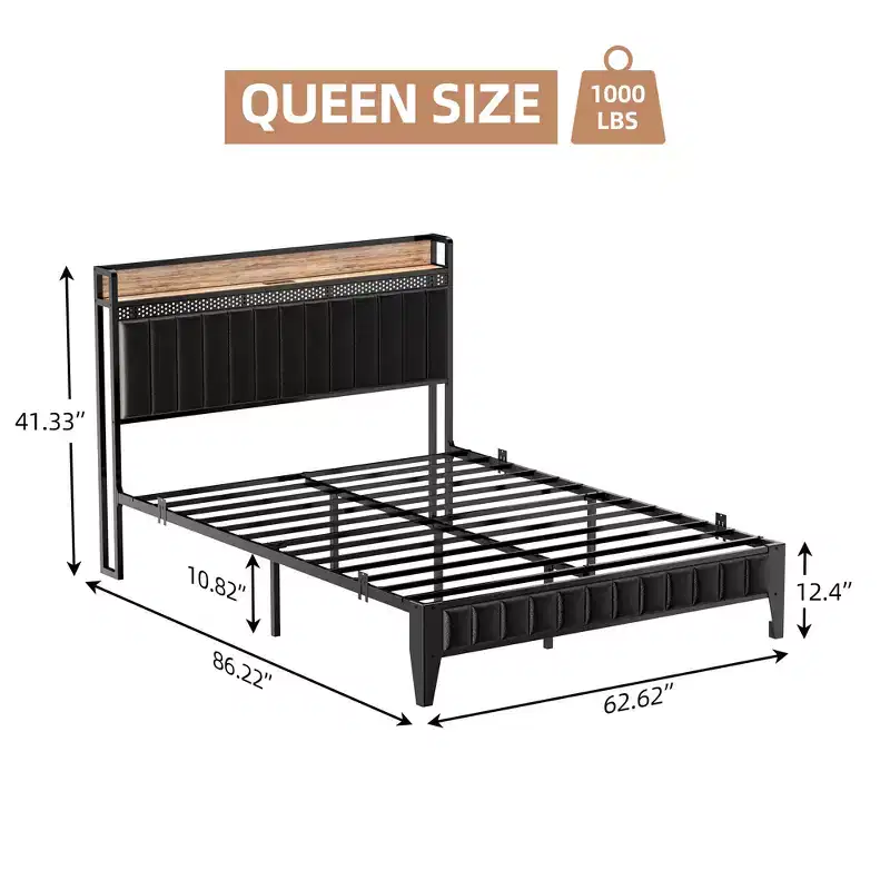 Upholstered platform bed frame, storage headboard, sturdy metal slat support, quiet operation, no spring box required, easy assembly (black)