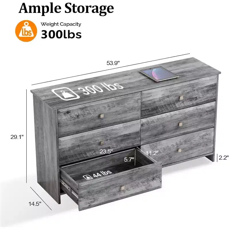 MDF 6-Drawer Dresser with Textured Fronts 53.9