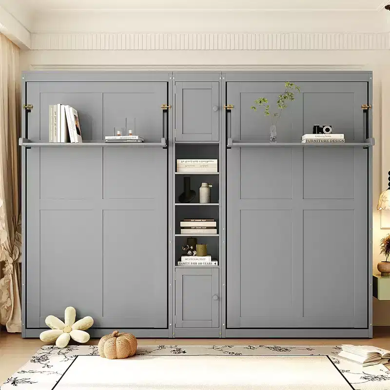 Dual Twin Size Murphy Bed with Convertible Shelf-Legs and Central Storage Unit