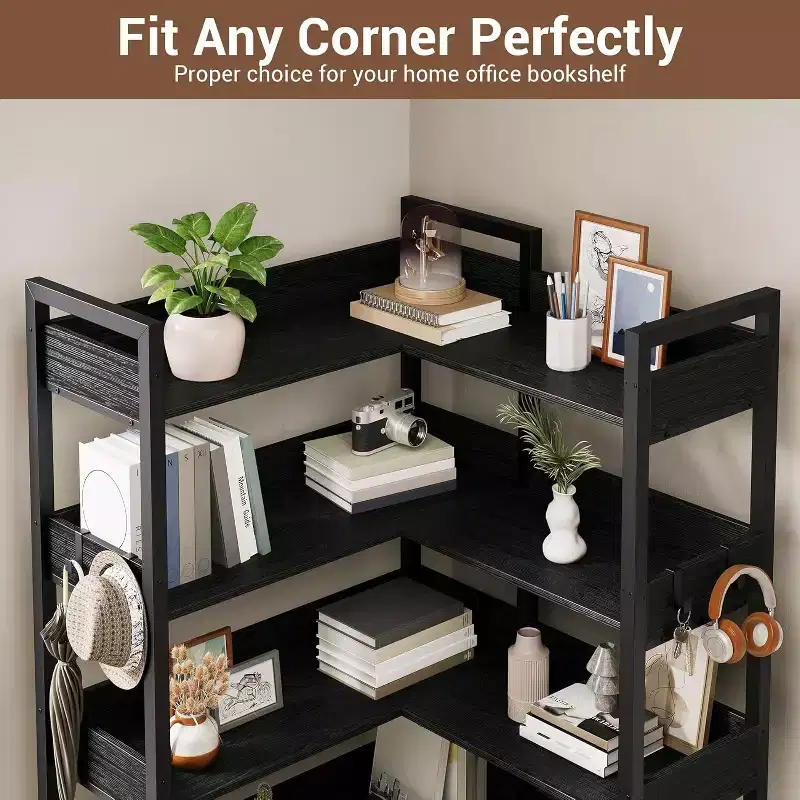 Black / White, Corner Style, 5-Tier Bookshelf with Hooks