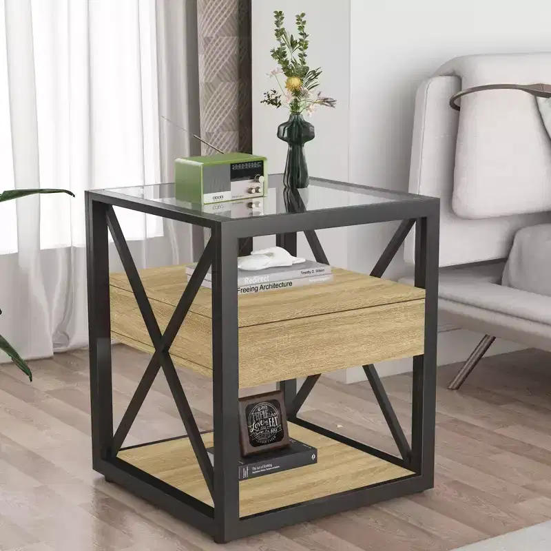 Okak Modern End Table with Drawer, Industrial Side Table with Tempered Glass Tabletop, Couch Table for Living Room, Bedroom