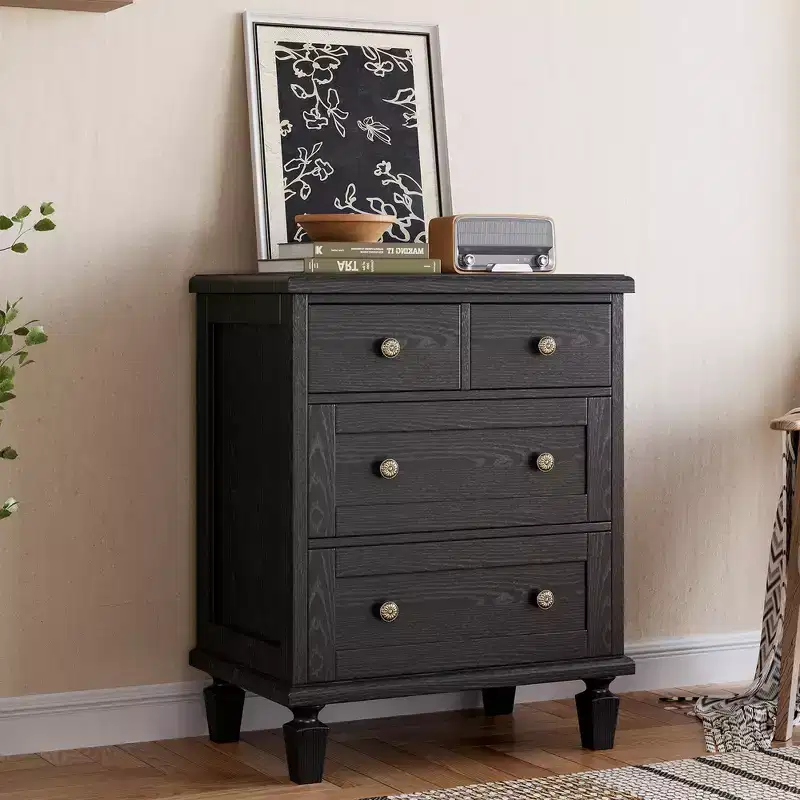 Vintage 4-Drawer Wood Dresser w/ Carved Handles & Tapered Legs, Large Storage Chest of Drawers, Rustic Organizer Cabinet for Bedroom & Closet