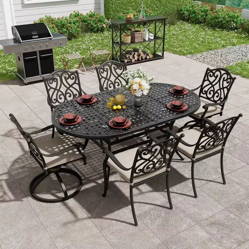 Mondawe 7 Pieces Cast Aluminum Outdoor Table Dining Set with 4 Dining Chairs & 2 Swivel Rockers