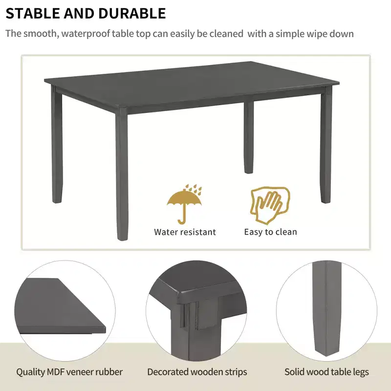 Whisen 6-Piece Wooden Rectangular Kitchen Dining Table Set with 4 Fabric Chairs and Bench