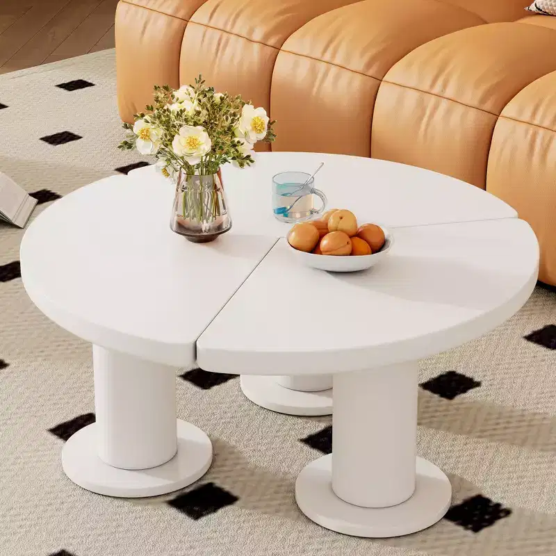 CLIHOME Round Petal-Shaped Coffee Table, Cream Style Center Table with 3 Thick Legs, Minimalist Irregular End Table with Sleek Round Edges