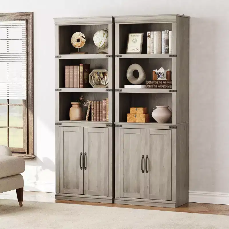 5 Tier Book case with Cabinet, Farmhouse Book Shelf with Storage Doors, 68.7 Tall Wooden 5 Shelf Case Grey