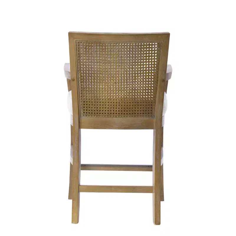 Cane Back Counter Height Barstool – Cream Seat, Reclaimed Wood Frame