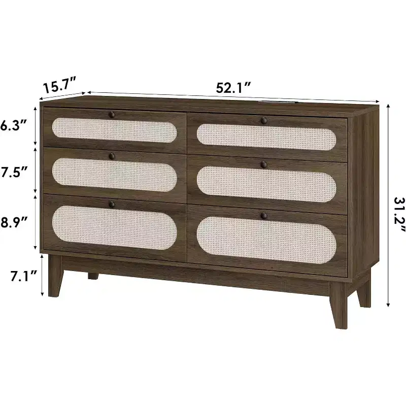 1-Box Assembly Rattan 6-Drawer Dresser with Power Outlets & USB Ports, Wood Storage Cabinet for Bedroom