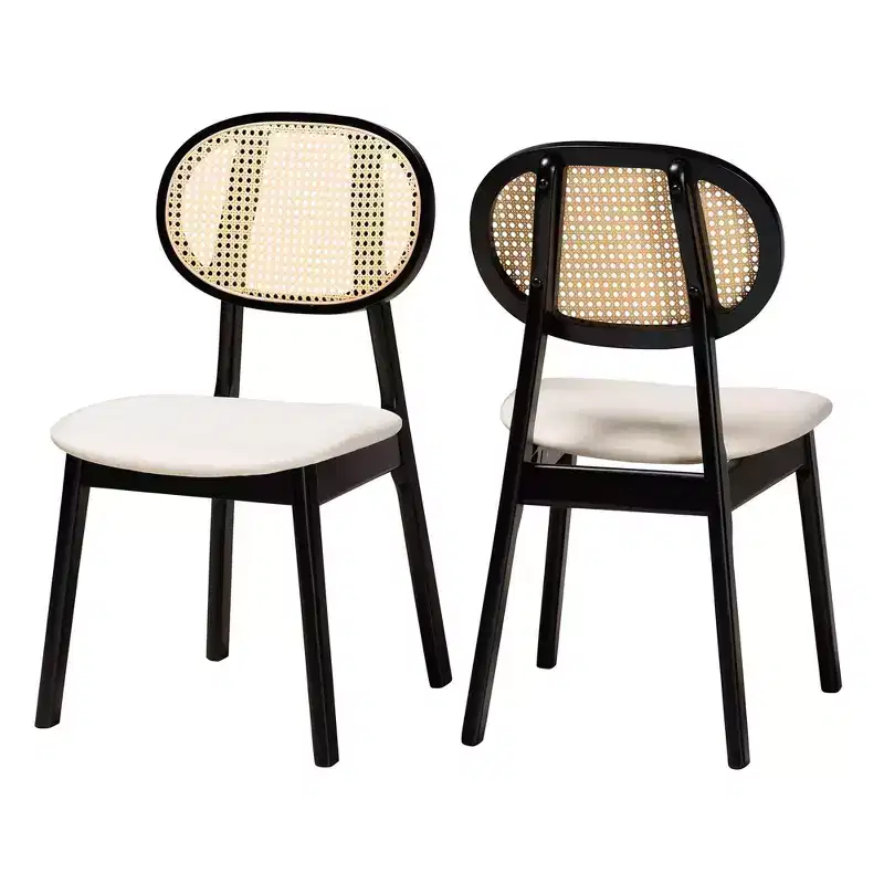 2pc Darrion Fabric and Wood Dining Chairs Cream/Black/Light Brown: Polyester Upholstery, Rubberwood Frame