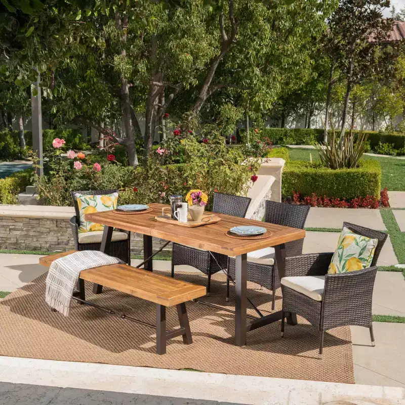 Jennys 6pc Acacia/Wicker Patio Dining Set - Brown - Christopher Knight Home: Weather-Resistant, Iron Frame, Bench Included