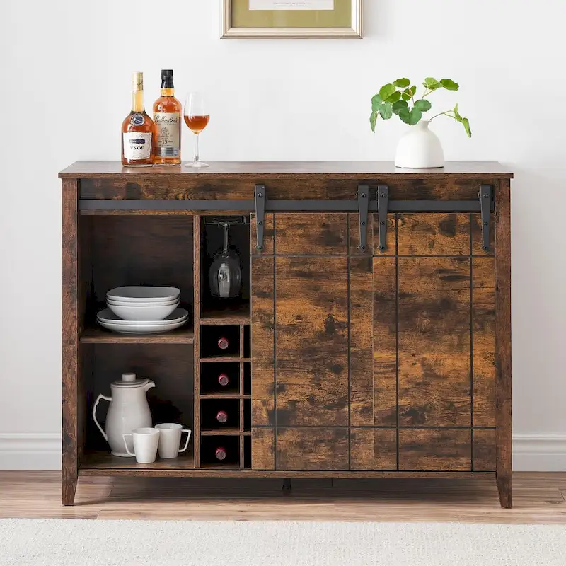 Farmhouse 47 Wine Bar Cabinet Buffet Sideboard Cabinet with 16 Bottle Wine Rack - 15.7D x 47.2W x 34.61H
