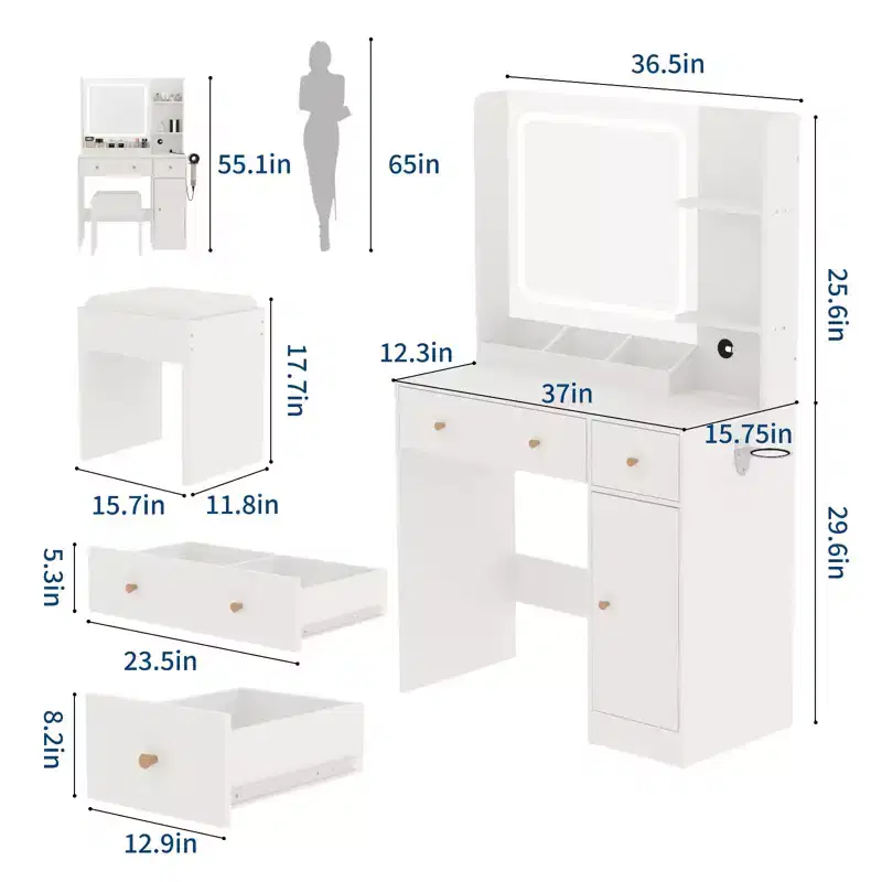 Vanity Desk with Mirror and Lights, Power Outlet, Makeup Vanity Table with Stool, 3 Lighting Modes,Adjustable Brightness, Dressing Table