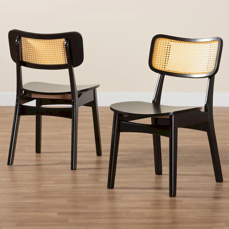 Tafari Mid-Century Modern Wood and Rattan 2-Piece Dining Chair Set