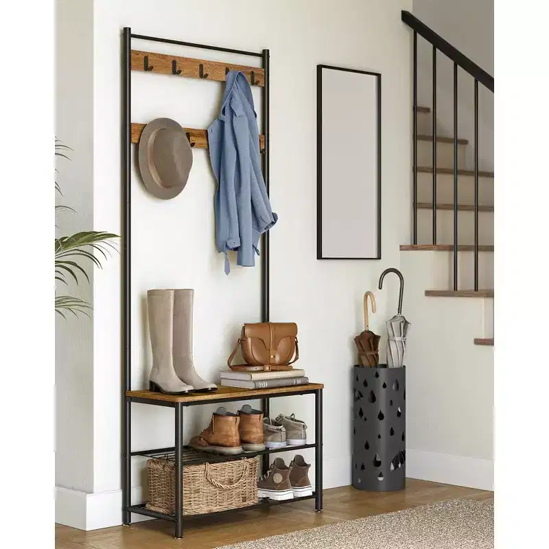 Hall Tree Entryway Coat Rack with Shoe Bench – Rustic Walnut & Black